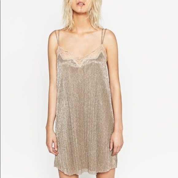 Zara Dresses & Skirts - Zara Gold Lace Slip Dress